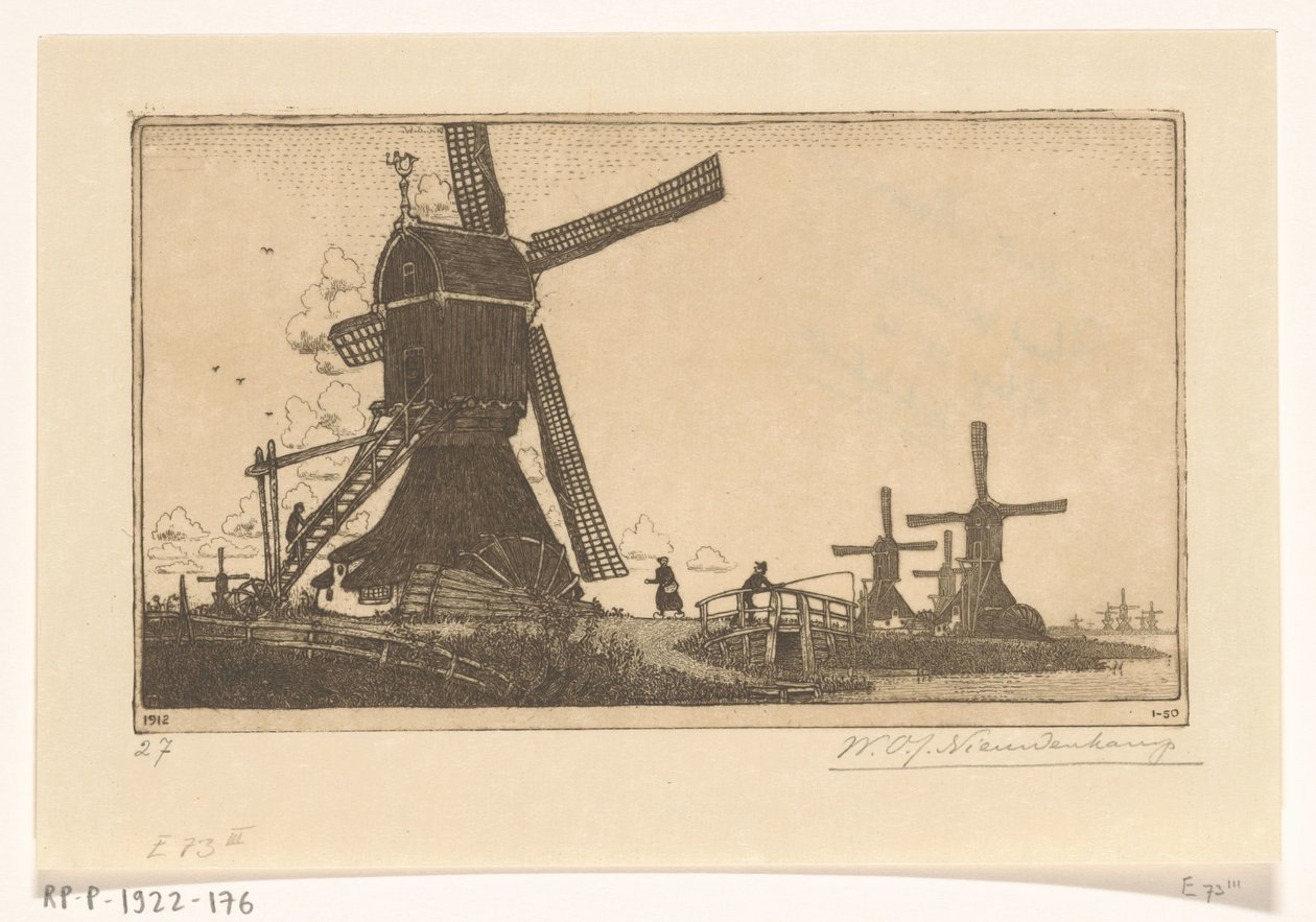 Wipmolens a Vlistán Haastrecht és Schoonhoven között Vízimalmok Gouda közelében (eredeti cím) alkotó: Wijnand Otto Jan Nieuwenkamp (signed by artist)