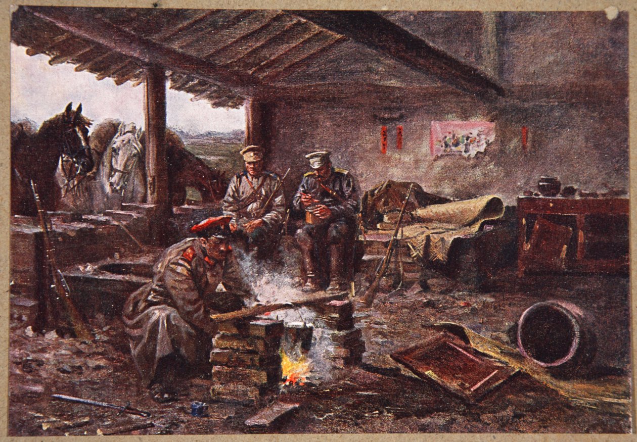 Az 51. ezred dragonyosai egy lerombolt fánszánban húzódnak meg, illusztráció a "Mandzsúria: Képek az orosz-japán háborúból" című könyvből, szerkesztette A. Martynoff, Szentpétervár, 1907. alkotó: Wiktor Mazourowsky