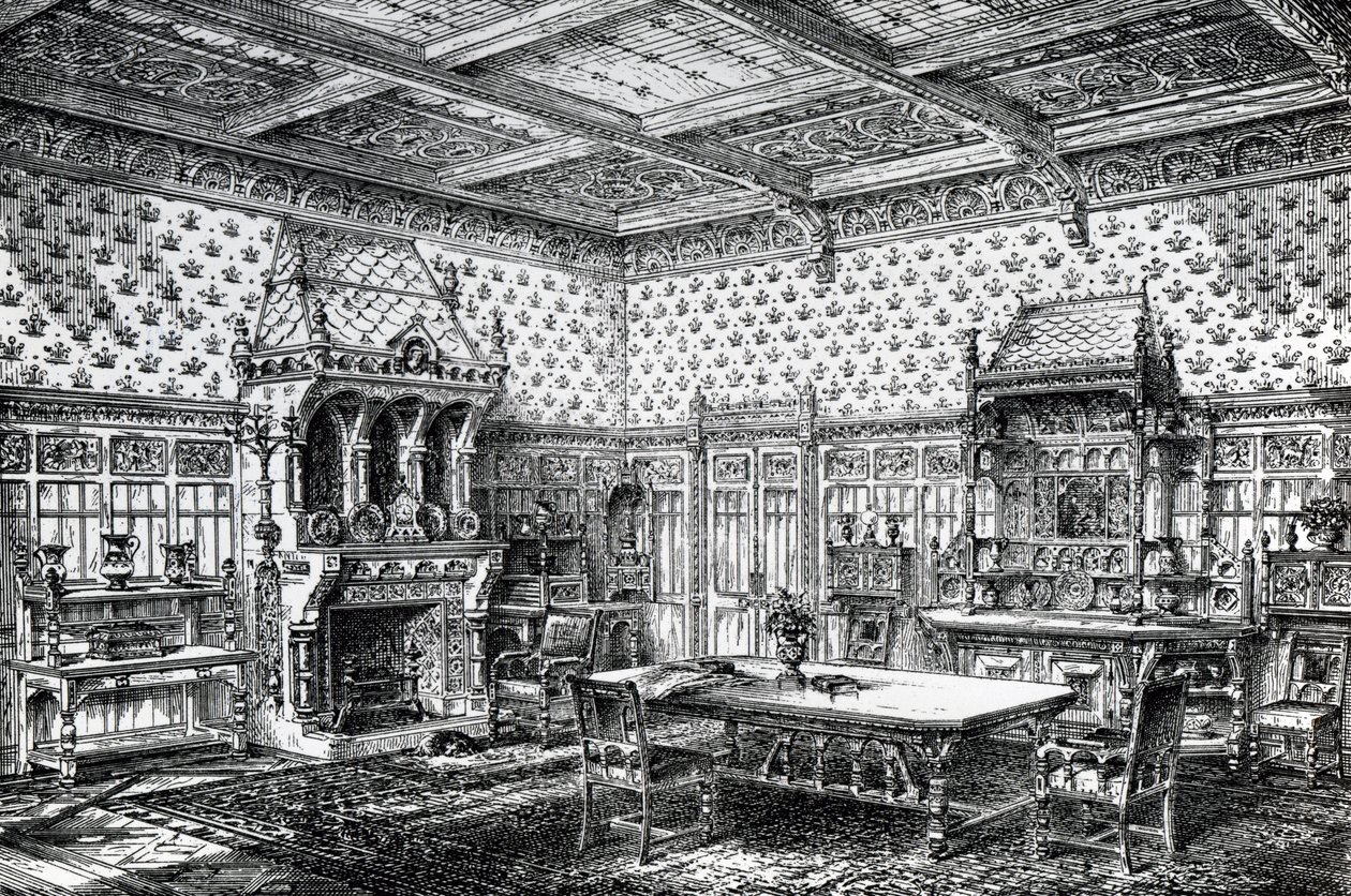 Tervezés egy gótikus étkezőhöz, megjelent a The House-Furnisher & Decoratorban, 1872. szeptember 1. alkotó: Wilberforce Haddon