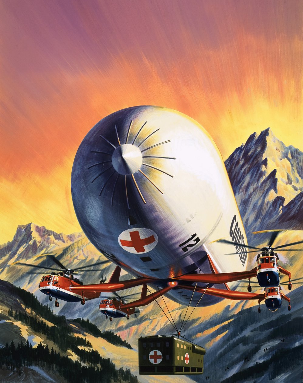 Helikopterek és léghajók futurisztikus kombinációja, amelyet nagy terhek szállítására használnak. alkotó: Wilf (20th century) Hardy
