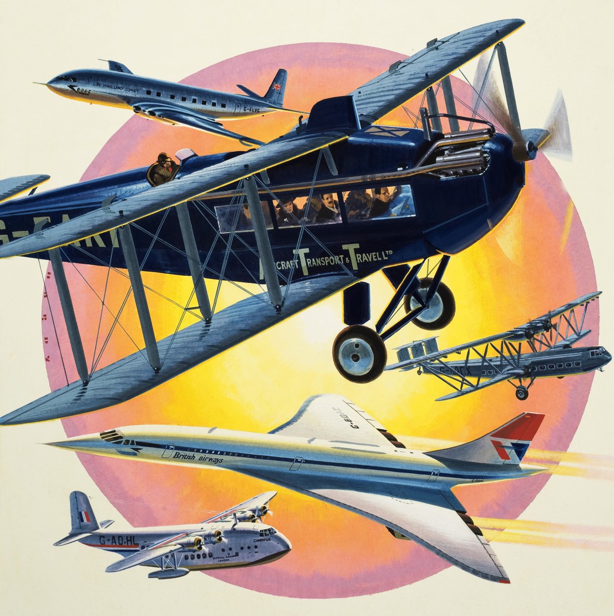 Montázs utasszállító repülőgépekről, köztük a Concorde-ról (gouache, papír) alkotó: Wilf (20th century) Hardy