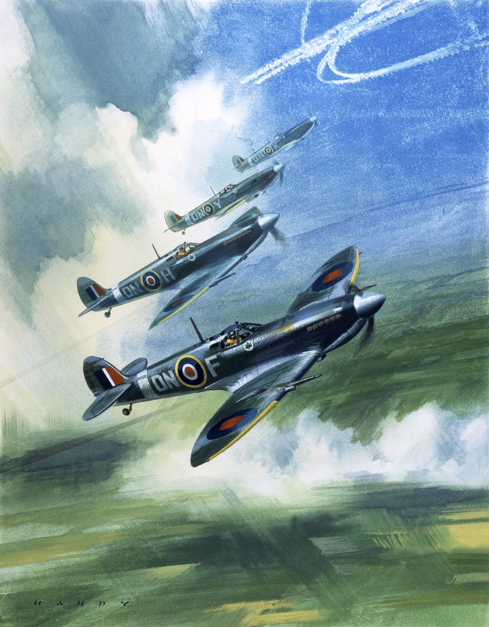 A Kanadai Királyi Légierő 416. századának járőröző repülőgépe, Spitfire Mark 9-esek (gouache, papír) alkotó: Wilf (20th century) Hardy