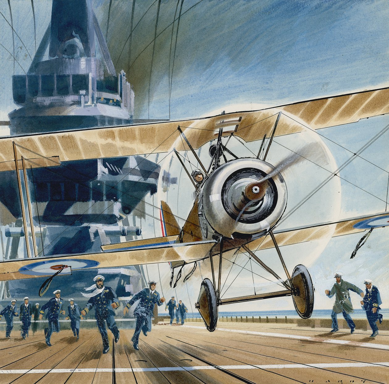 Az első fedélzeti leszállás (gouache, papír) alkotó: Wilf (20th century) Hardy