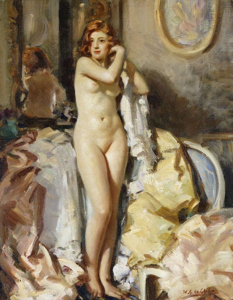 Tükör előtt állva, vörös fej alkotó: Wilfred Gabriel de Glehn