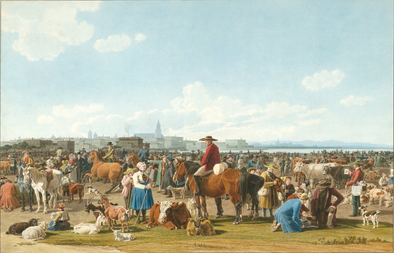 Szarvasmarhapiac egy nagyváros előtt a tónál, 1820 alkotó: Wilhelm Alexander Kobell