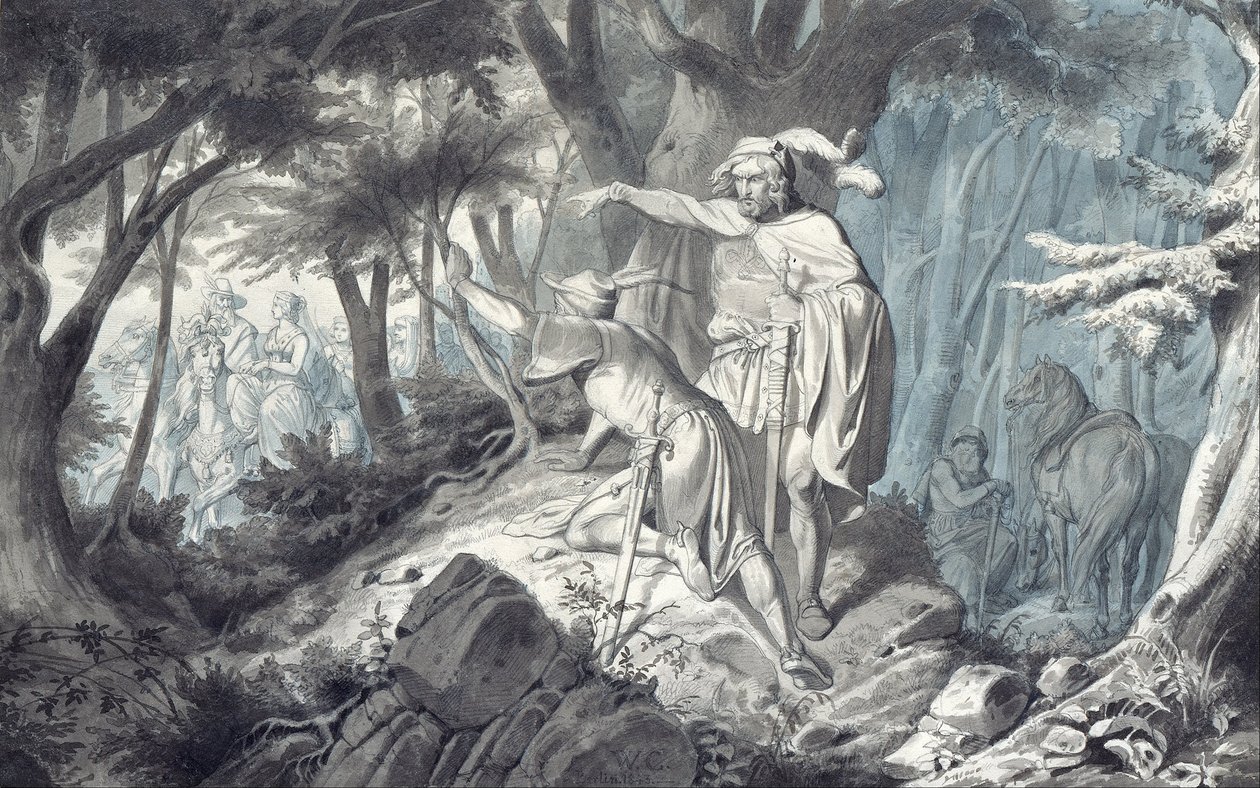 Tristan és Kadin titokban nézik Izoldát lovaglás közben alkotó: Wilhelm Camphausen