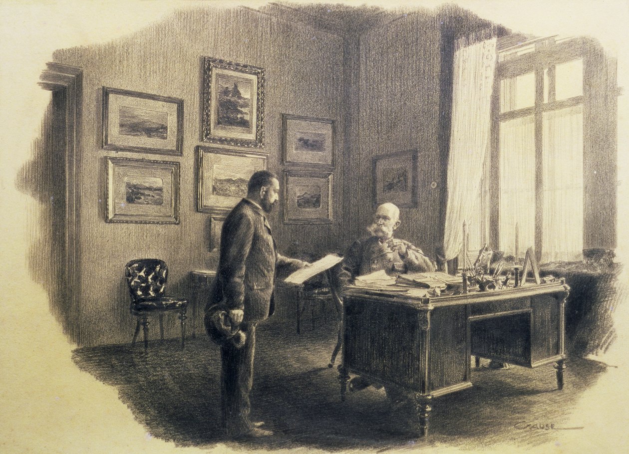 I. Ferenc József osztrák császár (1830-1916) íróasztalánál Jagdrockban (ceruza) alkotó: Wilhelm Gause
