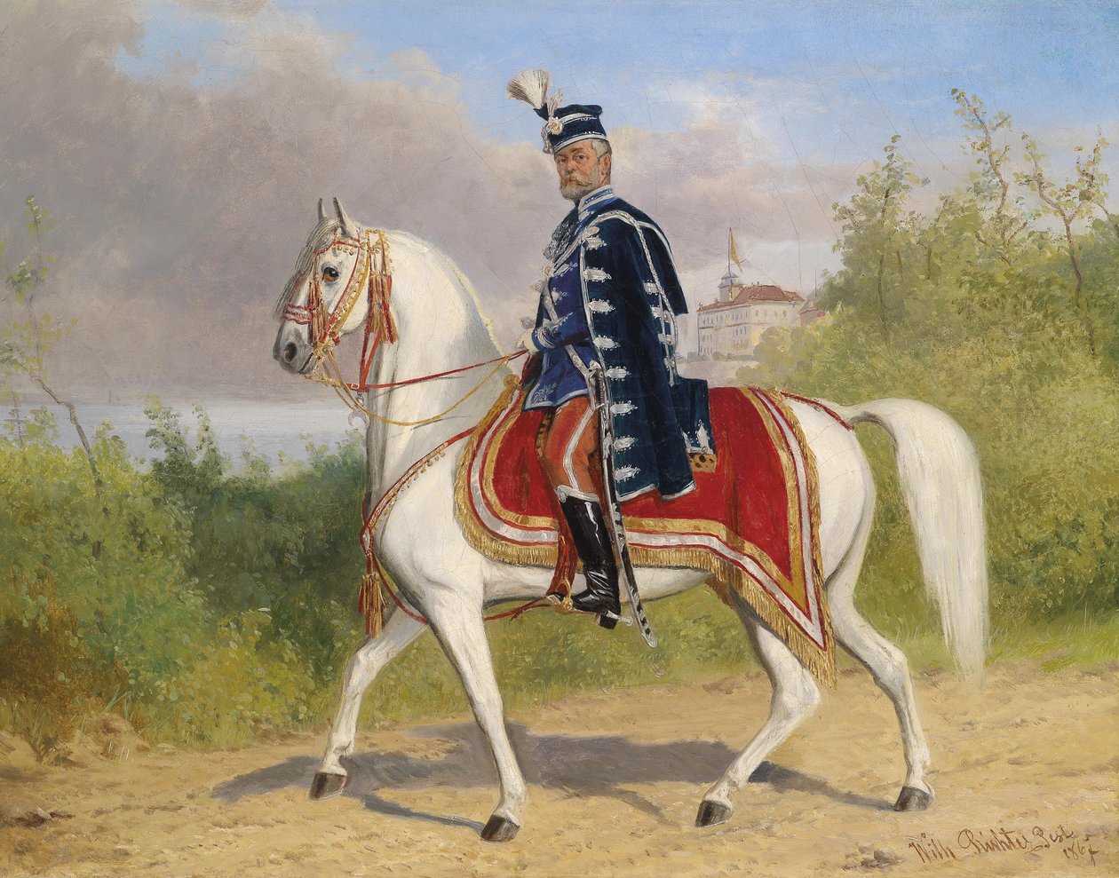 Magyar nemes (a felső kamra tagja) lóháton, a háttérben Acsa kastély alkotó: Wilhelm Richter