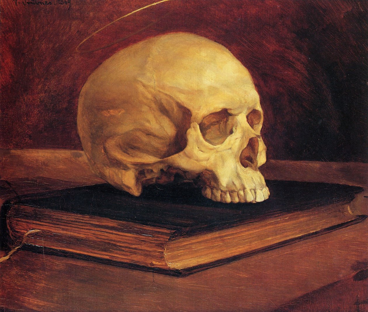 Vanitas csendélet. Koponya egy könyvön alkotó: Wilhelm Trübner