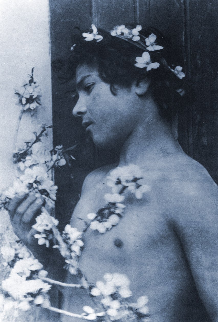 Tanulmány egy fiatal fiúról, virággal a hajában, 1899 körül (cianotípia) alkotó: Baron Wilhelm von Gloeden