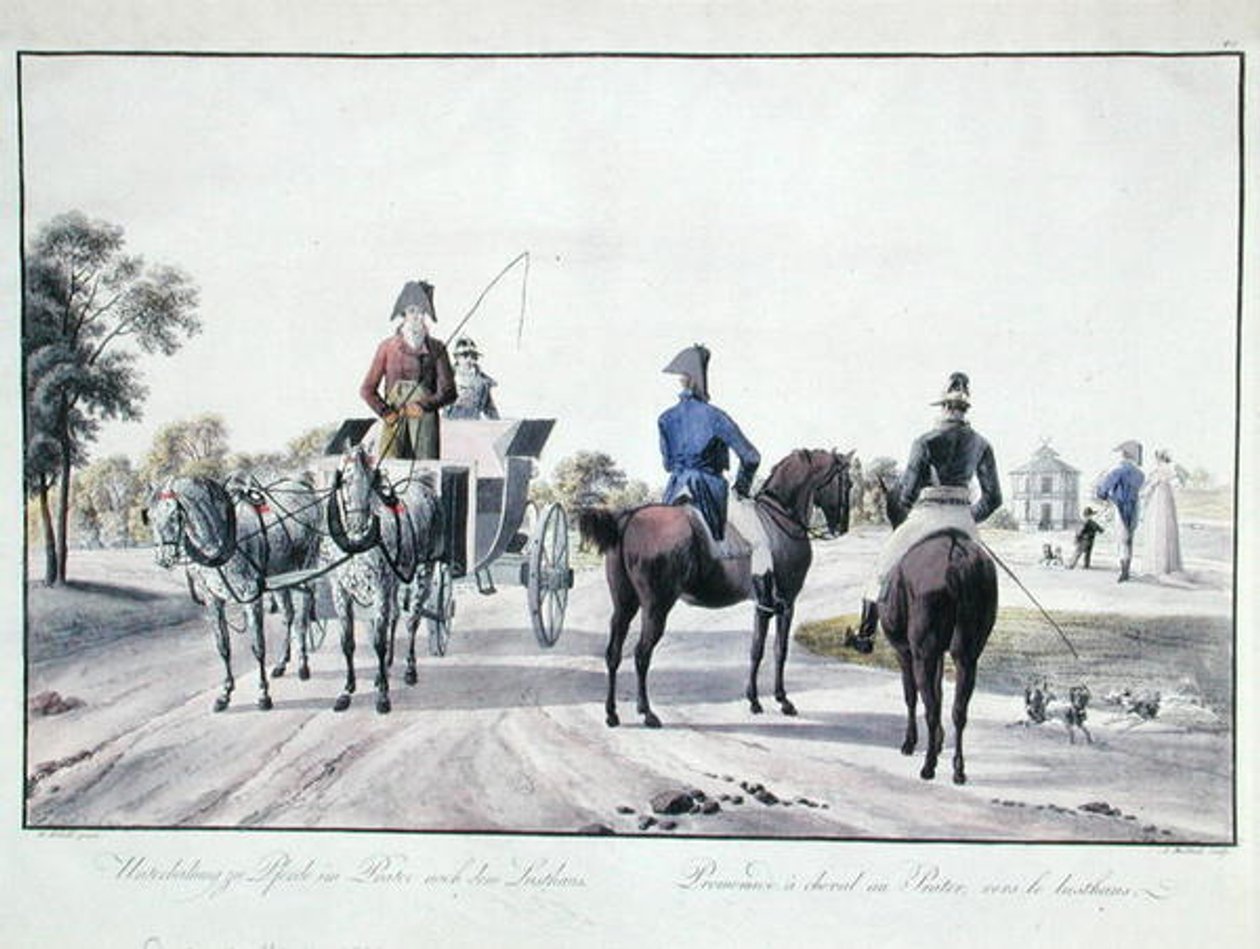 Lovaglás a bécsi Práter parkban, Adam von Bartsch (1757-1821) metszete 1804 (színes metszet) alkotó: Wilhelm Alexander (after) Kobell