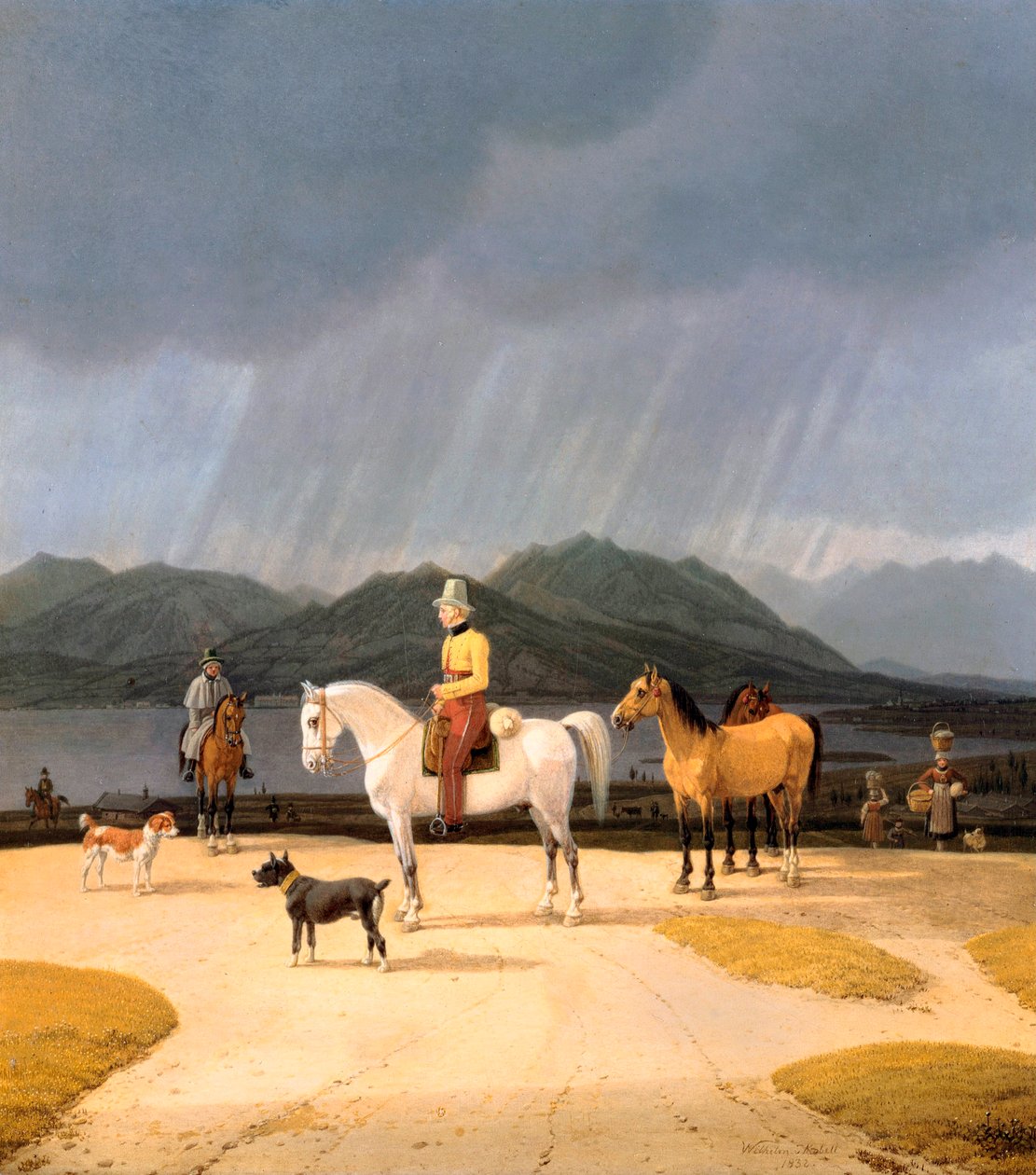 ""Cavaliers sur le lac Tegern Allemagne"" (Lovasok a Tegernsee-nél) Peinture de Wilhelm Ritter von Kobell (1766-1853) 1832 Olaj, fa Méret 282x263 cm Állami Múzeumok, Berlin alkotó: Wilhelm Alexander Kobell