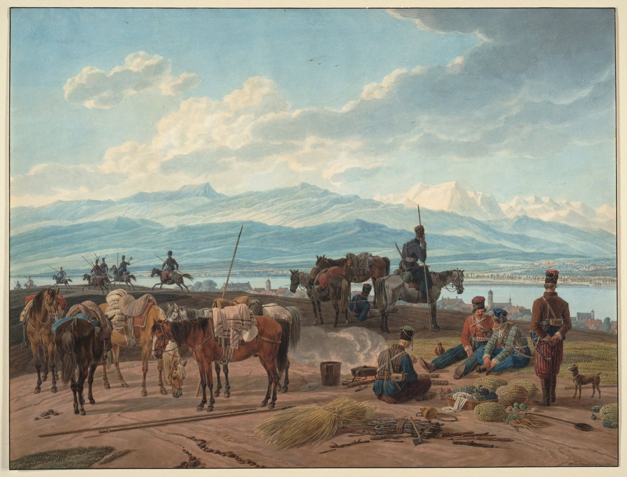 Orosz kozákok megállója - Kobell, Wilhelm, Ritter von (1766-1853) - 1804 - Akvarell papíron - 36,8x48,2 - Magángyűjtemény alkotó: Wilhelm Alexander Kobell
