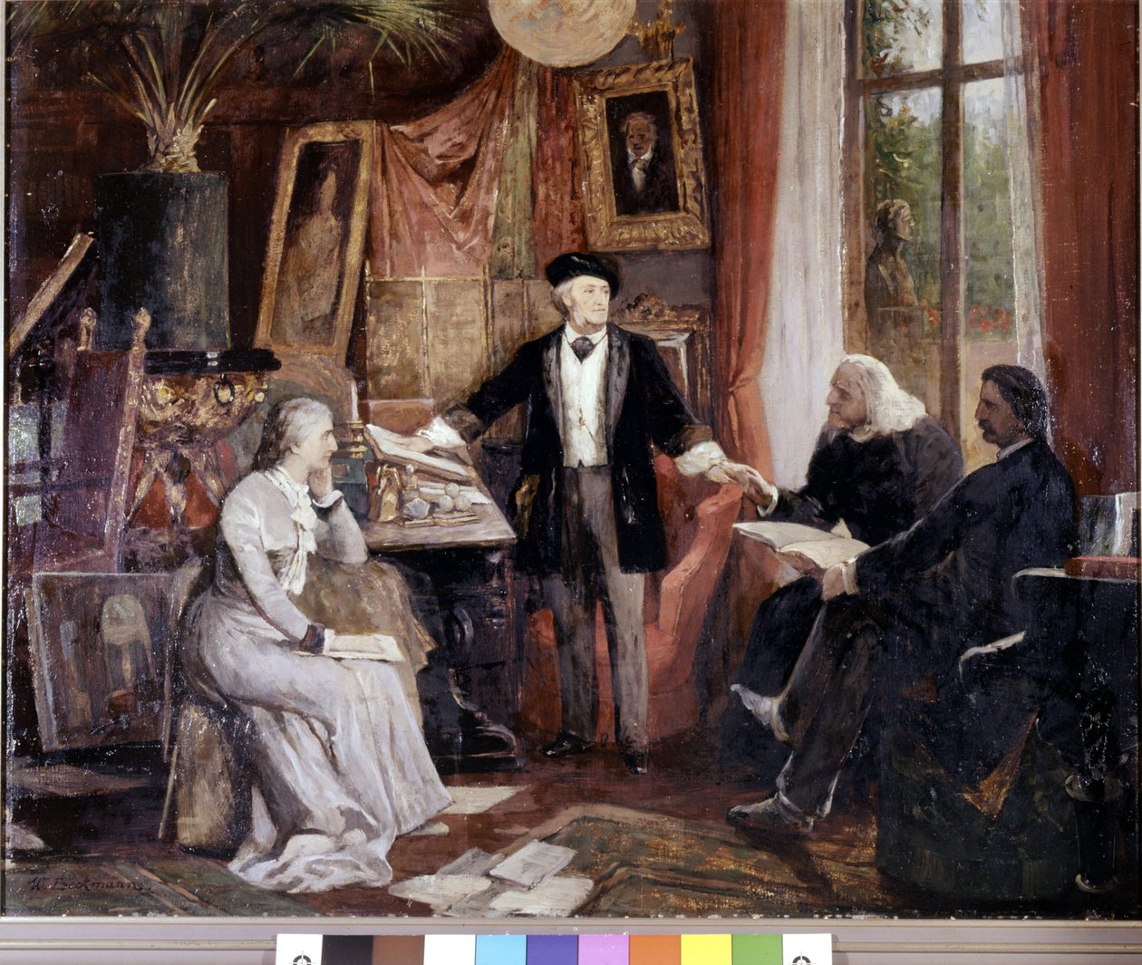 Balról jobbra: Cosima Wagner, Richard Wagner, Liszt Ferenc és Walsogen a bayreuthi Villa Wahfriedben. Beckmann festménye alkotó: Wilhelm Beckmann