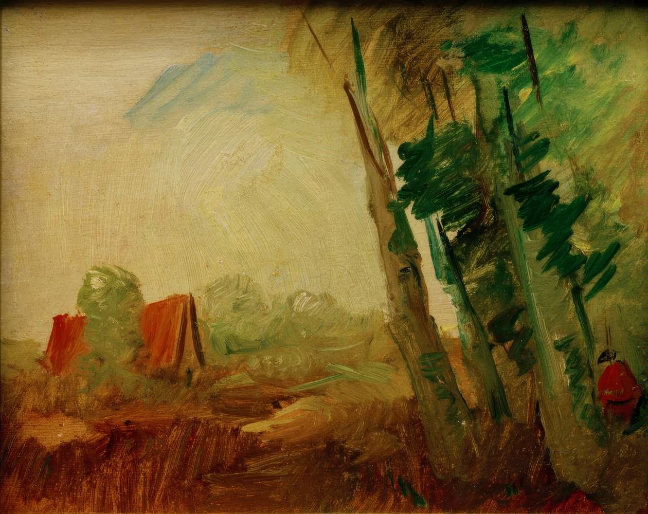 Piros ház a mezőben, az erdő széle előtt, jobbra alkotó: Wilhelm Busch