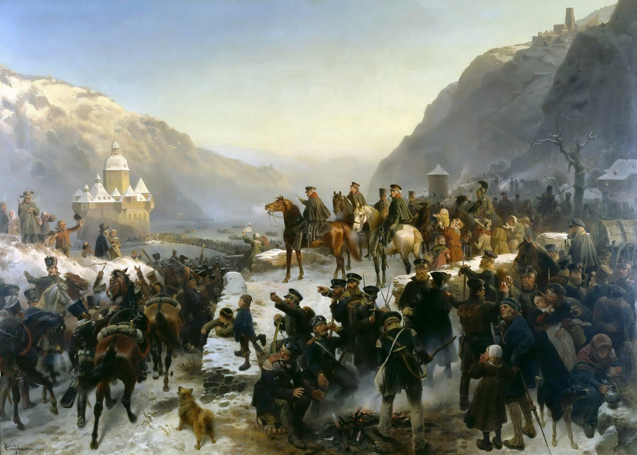 Blücher 1860. január 1-jén kelt át a Rajnán Kaub közelében. alkotó: Wilhelm Camphausen