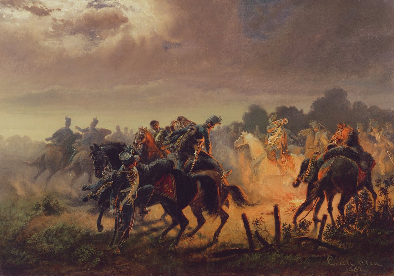 Éjszakai riasztás, huszár előőrs az olasz hadjáratban 1848-49, 1862 alkotó: Wilhelm Emele