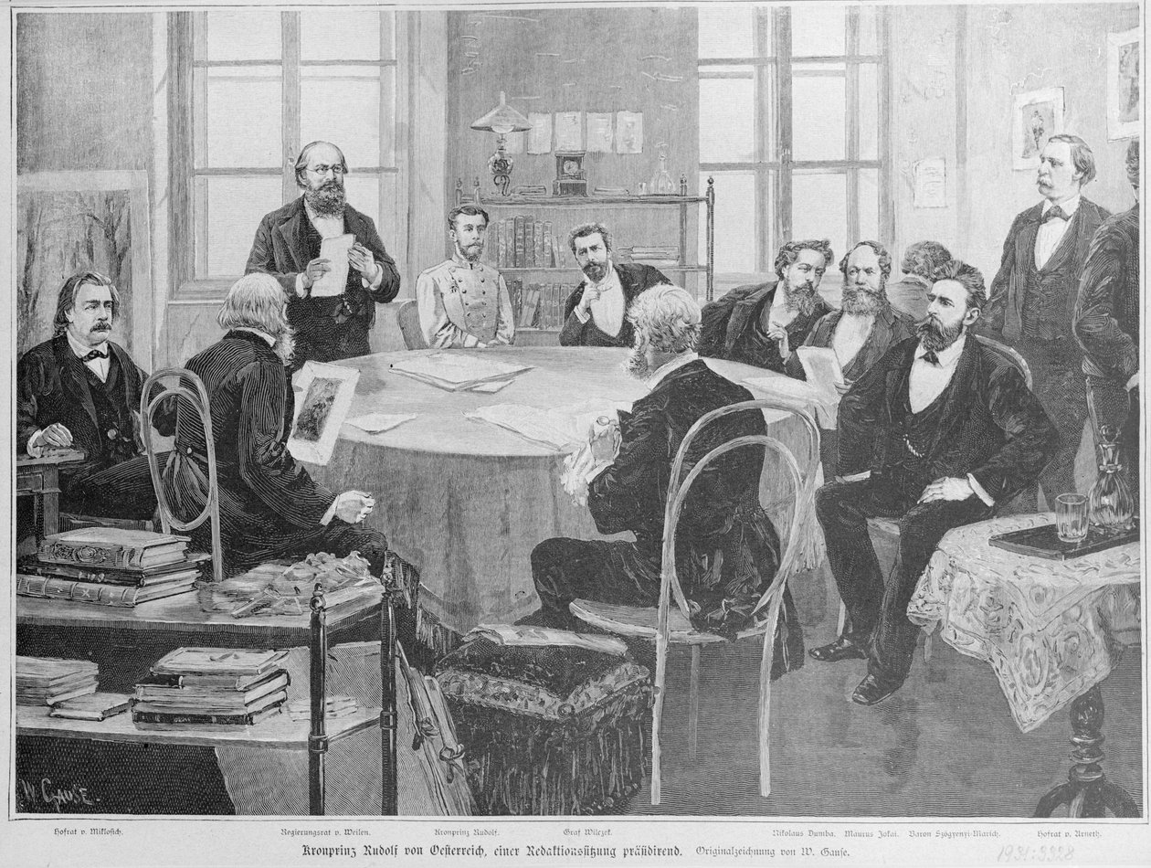 Rudolf trónörökös egy szerkesztőségi ülésen (fametszet) alkotó: Wilhelm Gause