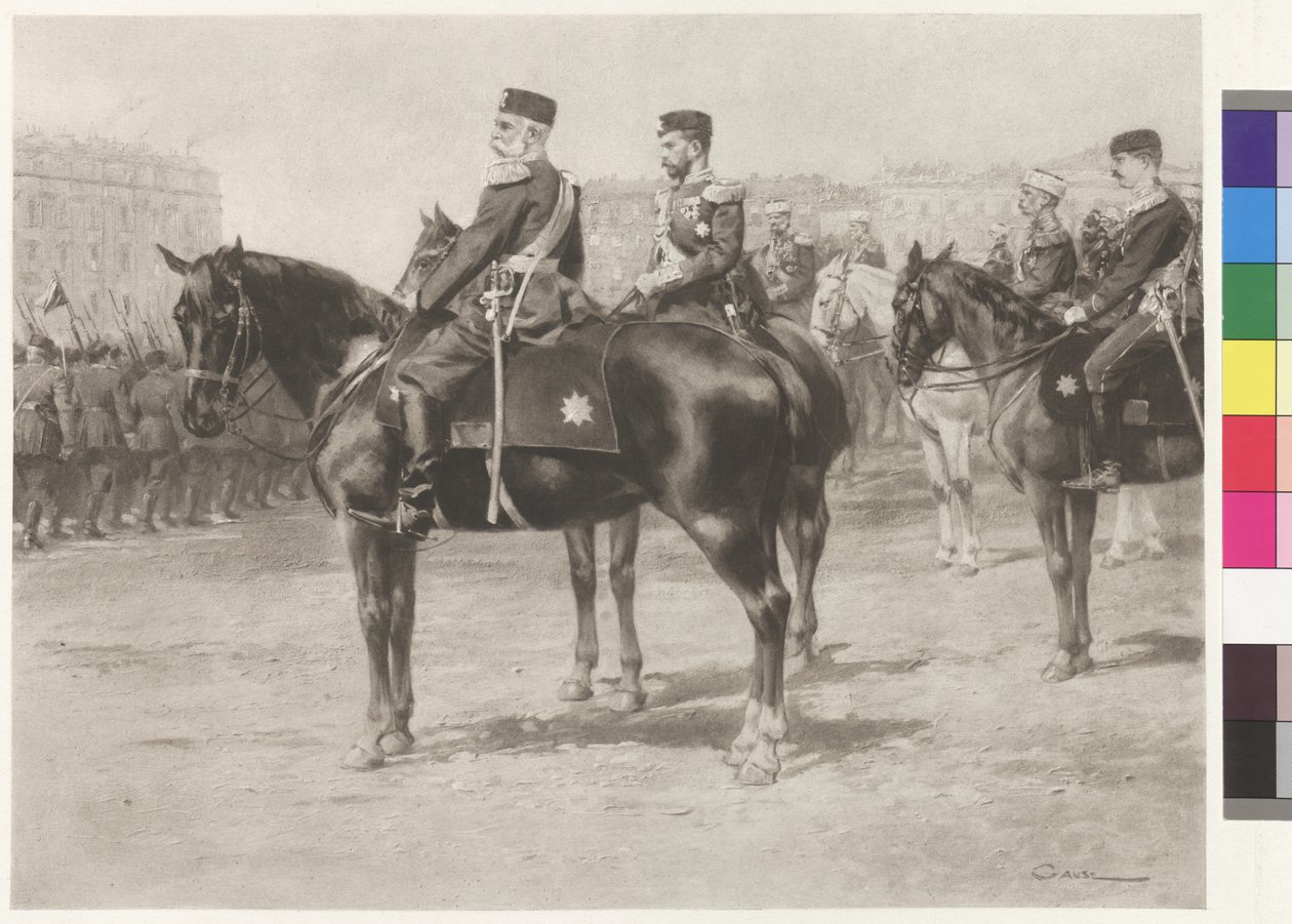 I. Ferenc József császár és II. Miklós cár a szentpétervári Champ-de-Mars-on tartott felvonuláson. alkotó: Wilhelm Gause