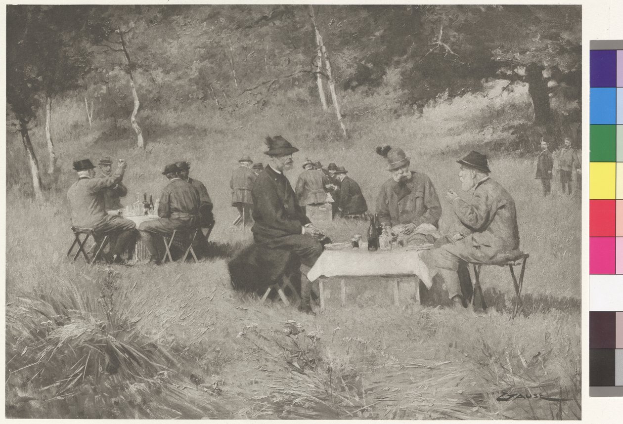 Vadászparti - Ferenc József császár Leopold bajor herceggel és IV. Ferdinánd toszkánai nagyherceggel egy asztalnál alkotó: Wilhelm Gause