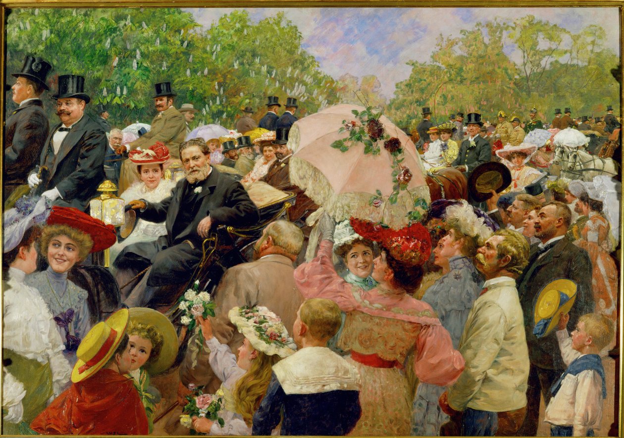 Karl Lueger, Bécs főpolgármestere a bécsi Práterben tartott virágkoszorún a hintóján ... alkotó: Wilhelm Gause