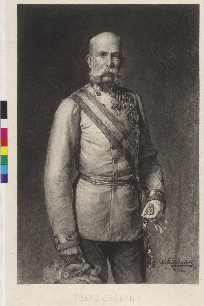 I. Ferenc József tábornagyi gálaegyenruhában, a gálasapka a gereblyézett alkotó: Wilhelm Hecht
