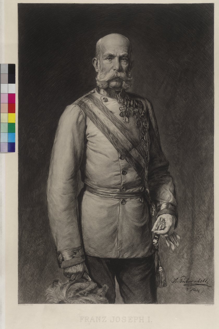 I. Ferenc József tábornagyi gálaegyenruhában, a gálasapka a gereblyézett alkotó: Wilhelm Hecht