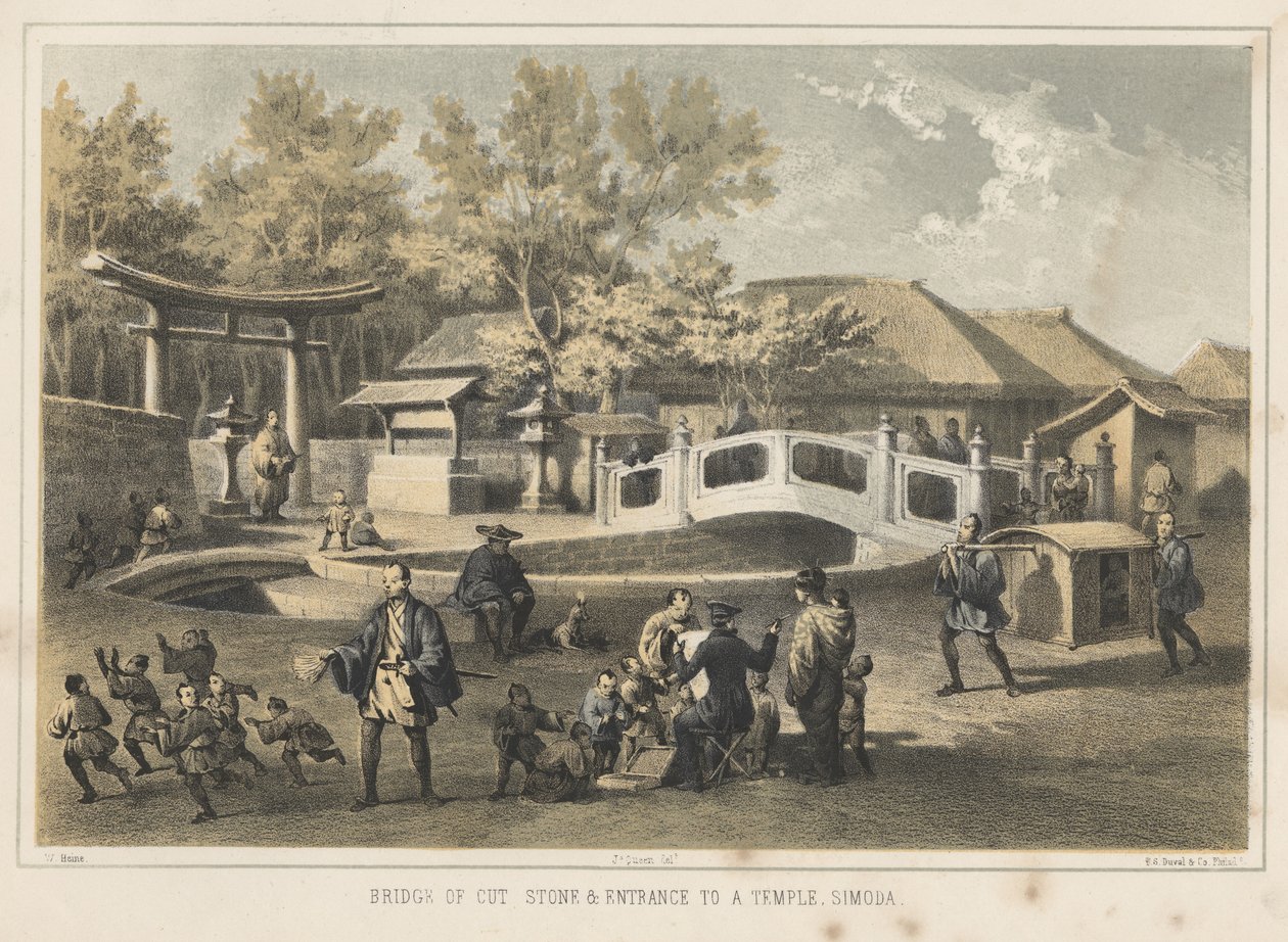 Vágott kő hídja és a templom bejárata, Simoda, 1855 alkotó: Wilhelm Joseph Heine