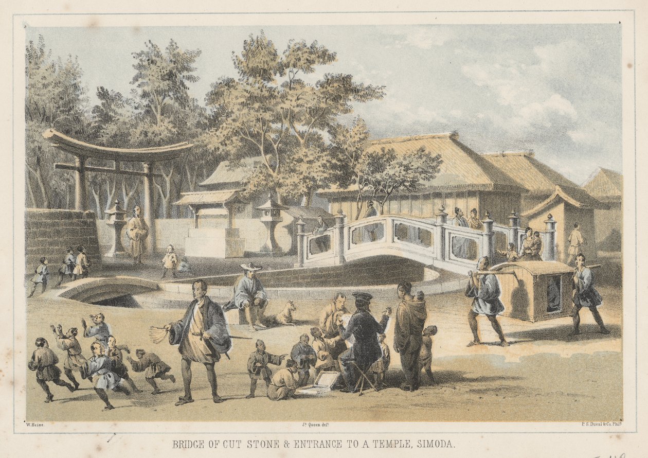 Vágott kő hídja és a templom bejárata, Simoda, 1855 alkotó: Wilhelm Joseph Heine