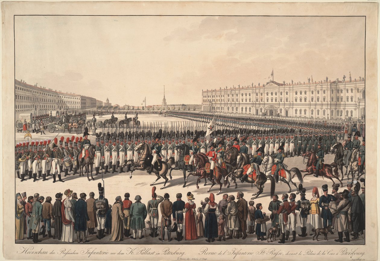 Az orosz gyalogság áttekintése a szentpétervári Palota téren, 1809-1813 alkotó: Wilhelm Kobell Ritter von