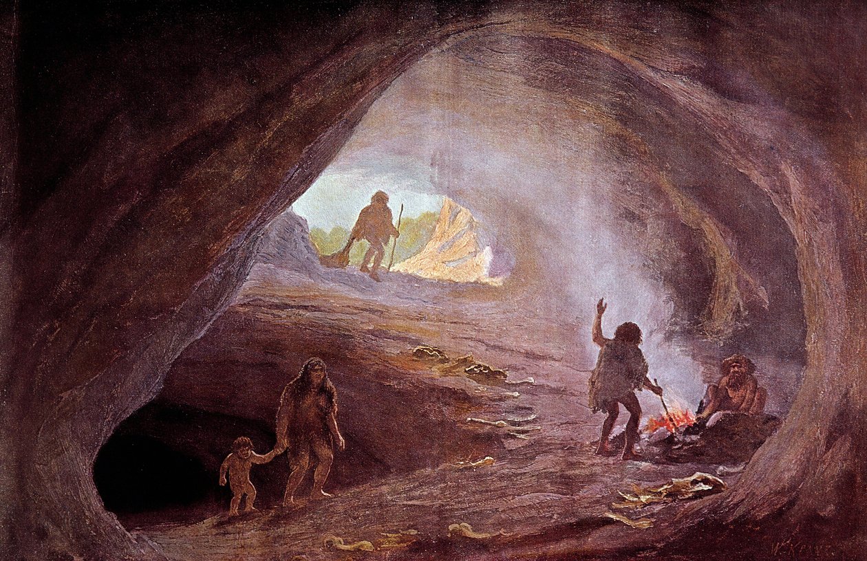 Őstörténet: barlangok a jégkorszakban. W. Kranz festményéből, XX. század alkotó: Wilhelm Kranz