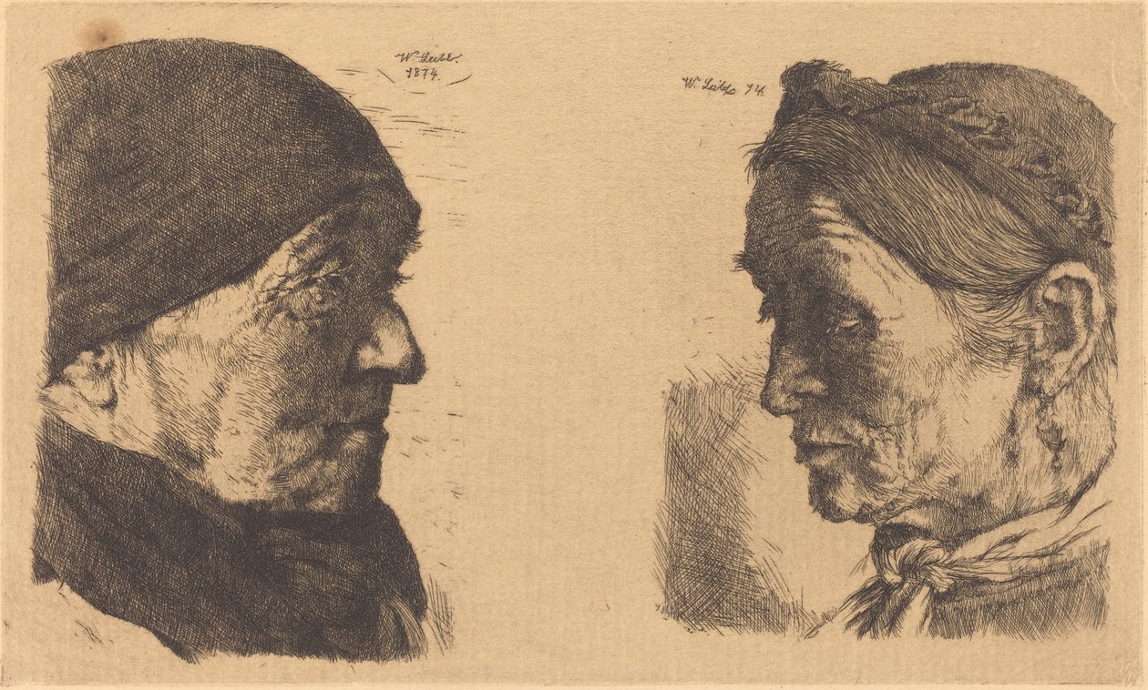Egy öreg parasztasszony portréja, profilban jobbra, és egy parasztasszony csukott szemmel alkotó: Wilhelm Maria Hubertus Leibl
