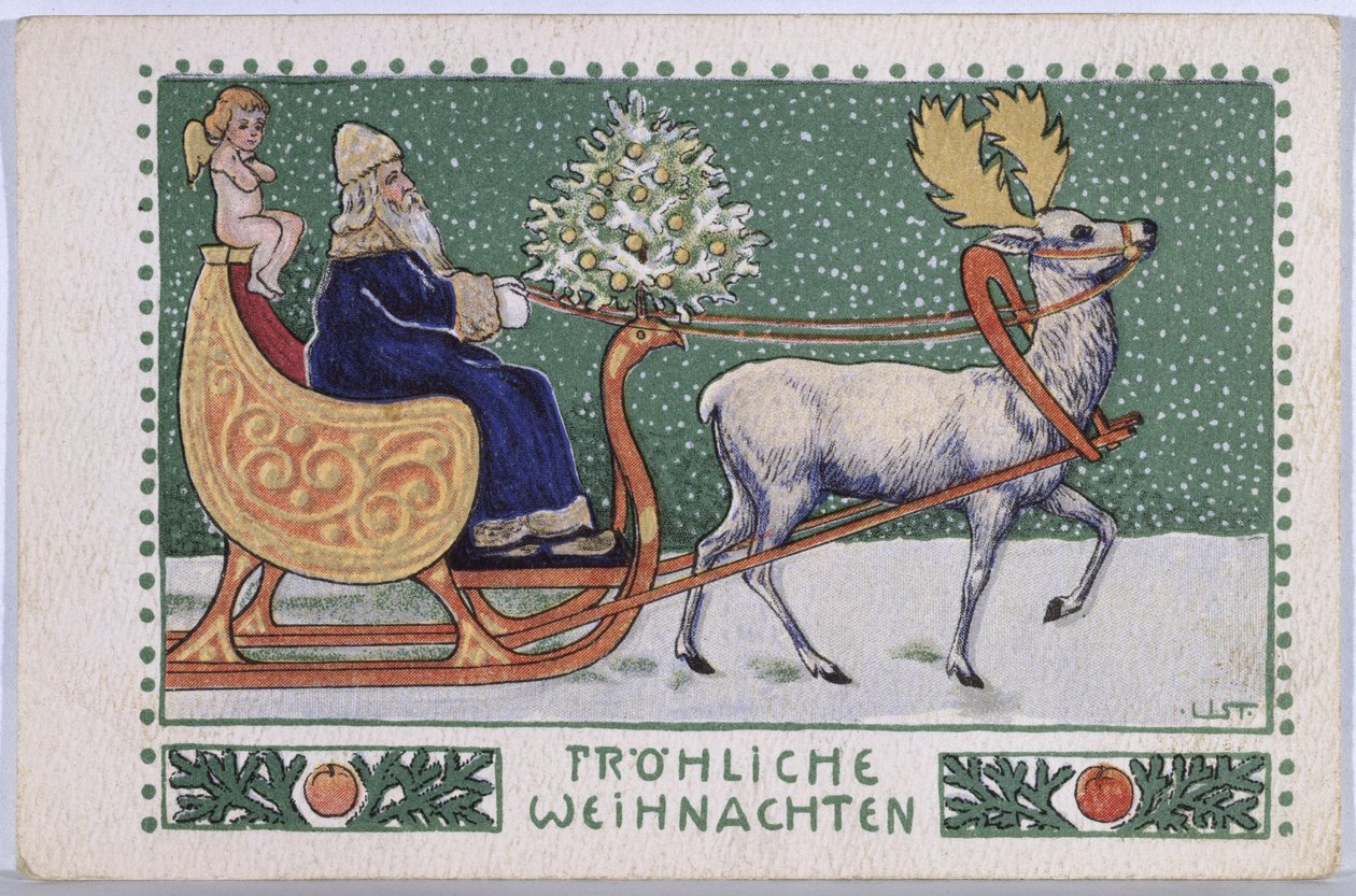 Karácsonyi Mikulást a szánon ábrázoló képeslap, 1910 körül alkotó: Wilhelm List