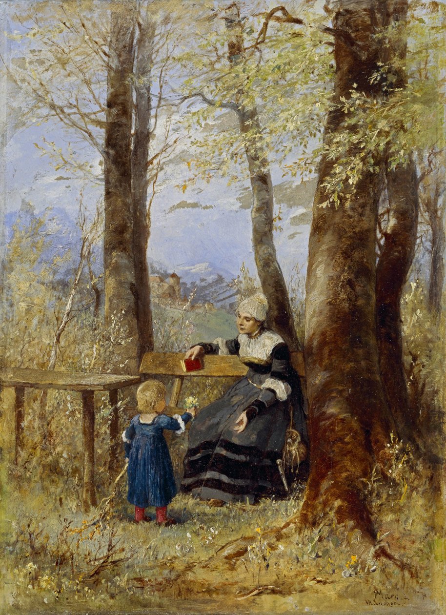 Anya gyermekével egy tavaszi tájon alkotó: Wilhelm Marc