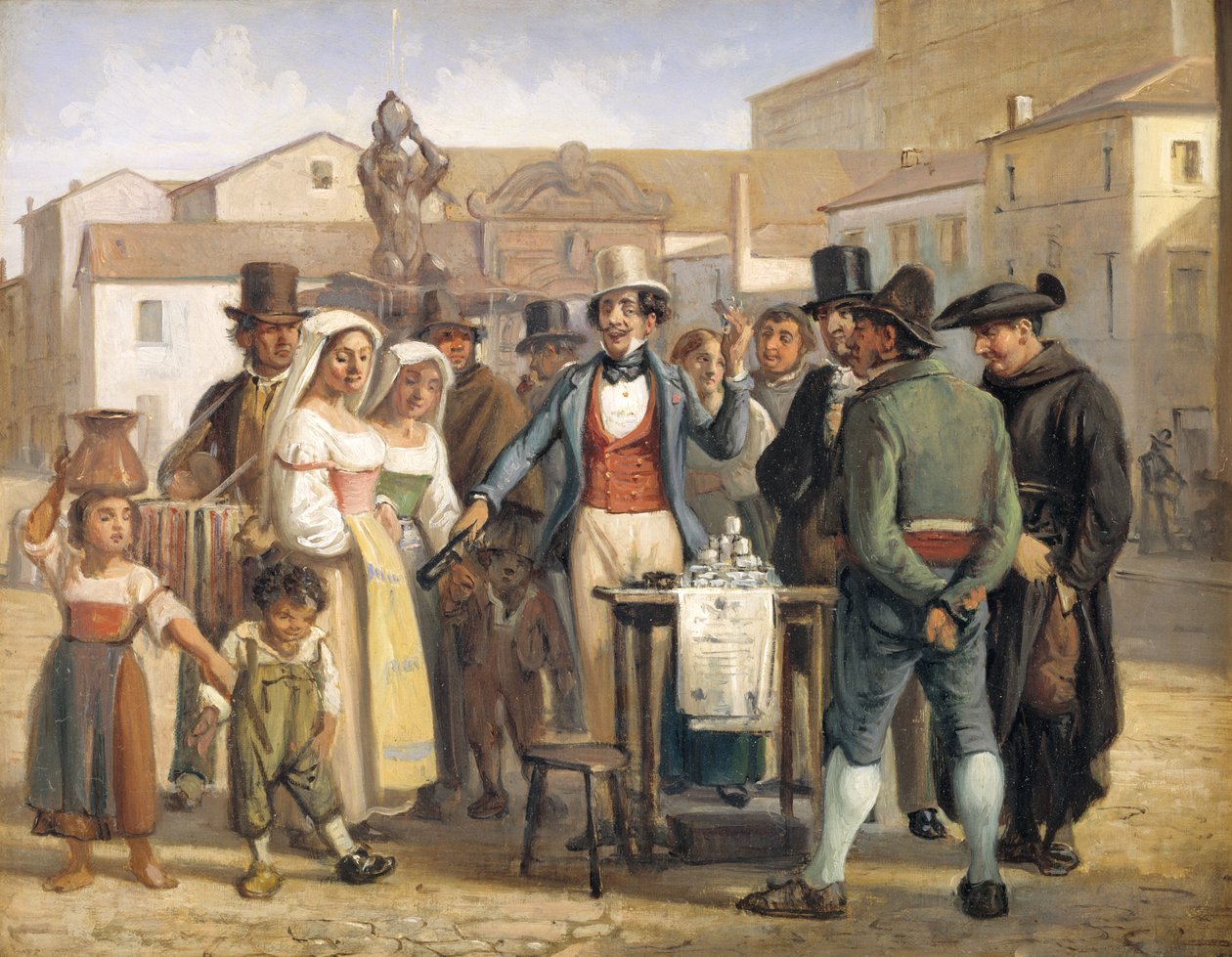 Egy sarlatán Blackinget árul a Piazza Barberini téren Rómában alkotó: Wilhelm Marstrand
