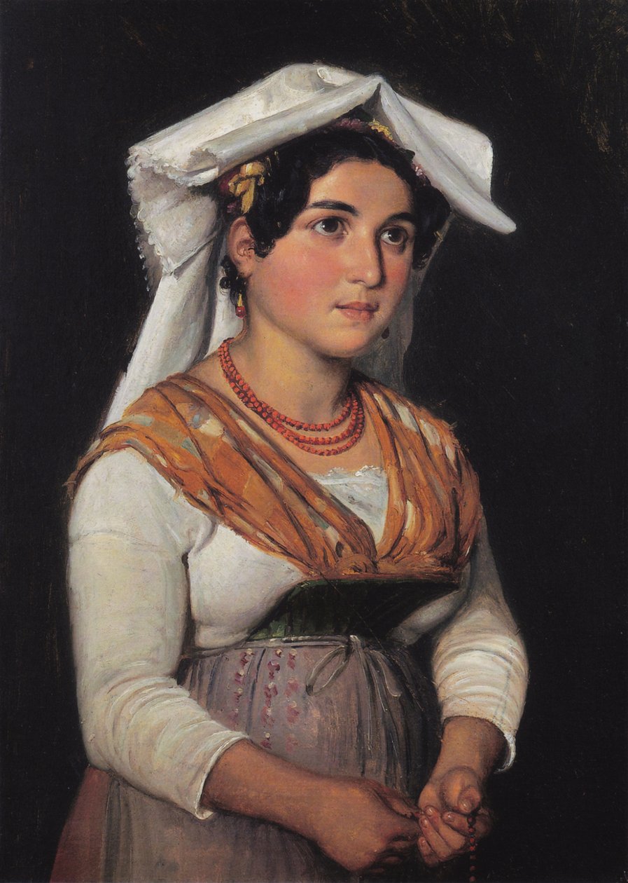 Egy fiatal, álló olasz nő, kezében rózsafüzérrel. alkotó: Wilhelm Marstrand