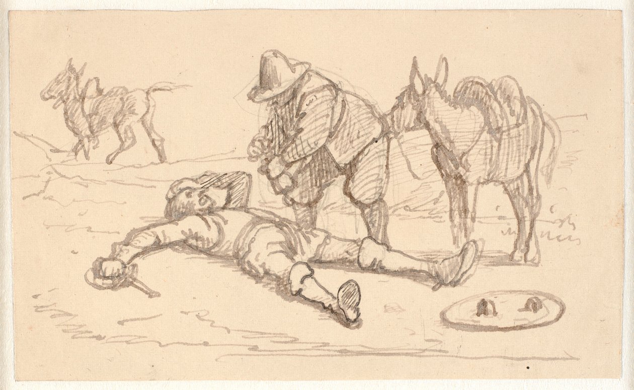 Don Quijote sebesülten fekszik, és Sancho segíti alkotó: Wilhelm Marstrand