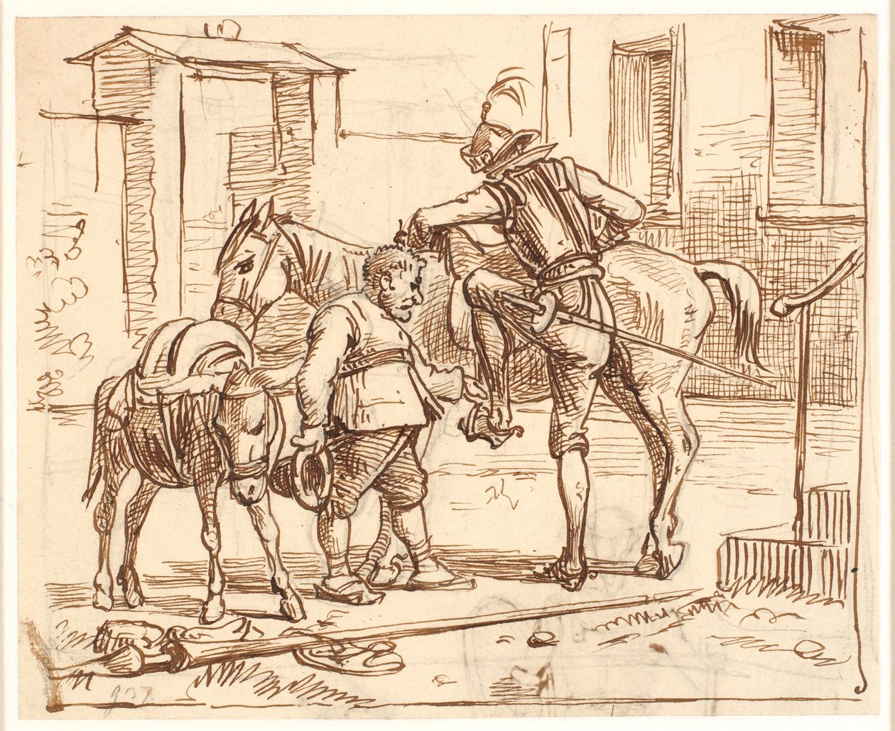 Don Quijote felszáll a lovára alkotó: Wilhelm Marstrand