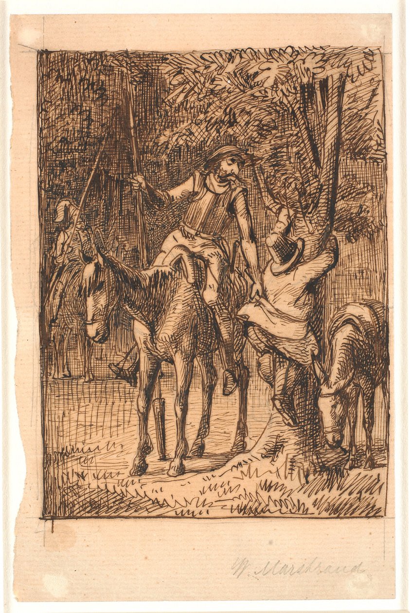 A Tükörlovaggal való küzdelem előtt Don Quijote felsegíti Sancho Panzát egy fára alkotó: Wilhelm Marstrand