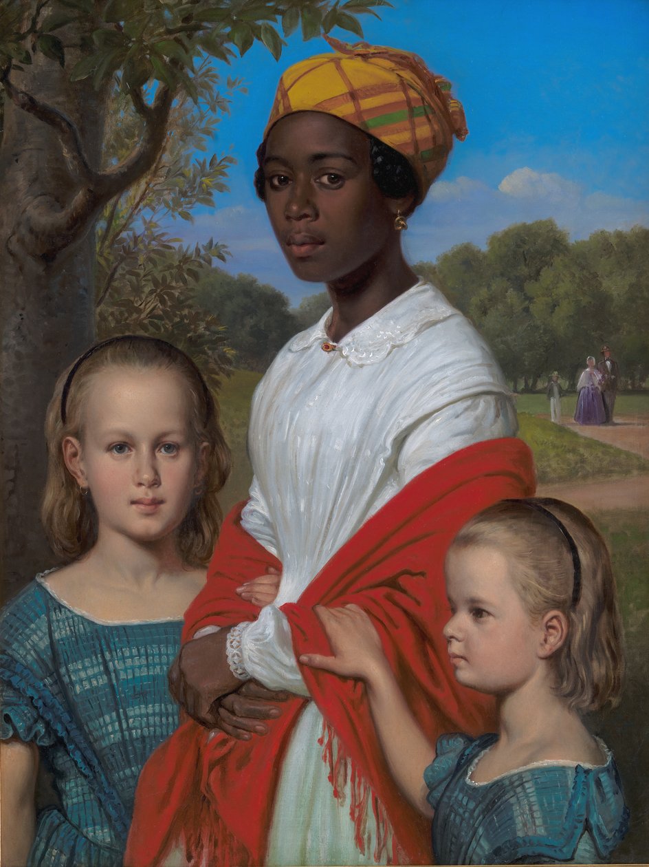 Otto Marstrand két lányának és nyugat-indiai dadájának, Justina Antoine-nak portréja a Frederiksberg Gardensben Koppenhága közelében alkotó: Wilhelm Marstrand