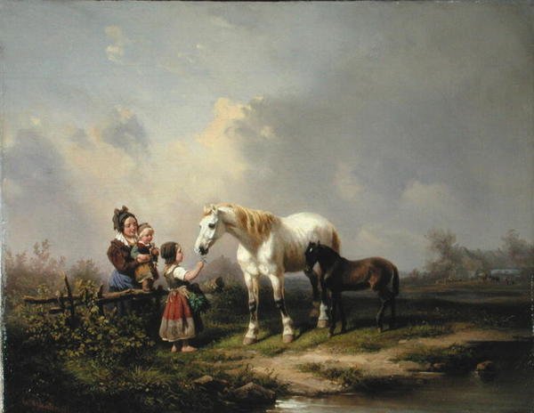 A kanca és a csikó etetése (olaj, vászon) alkotó: Wilhelm Meyerheim