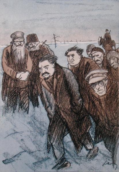 Leon Trockij (1879-1940) karikatúrája Szibériában, a Simplicissimus magazinból, 1928. január (színes litó) alkotó: Wilhelm Schulz