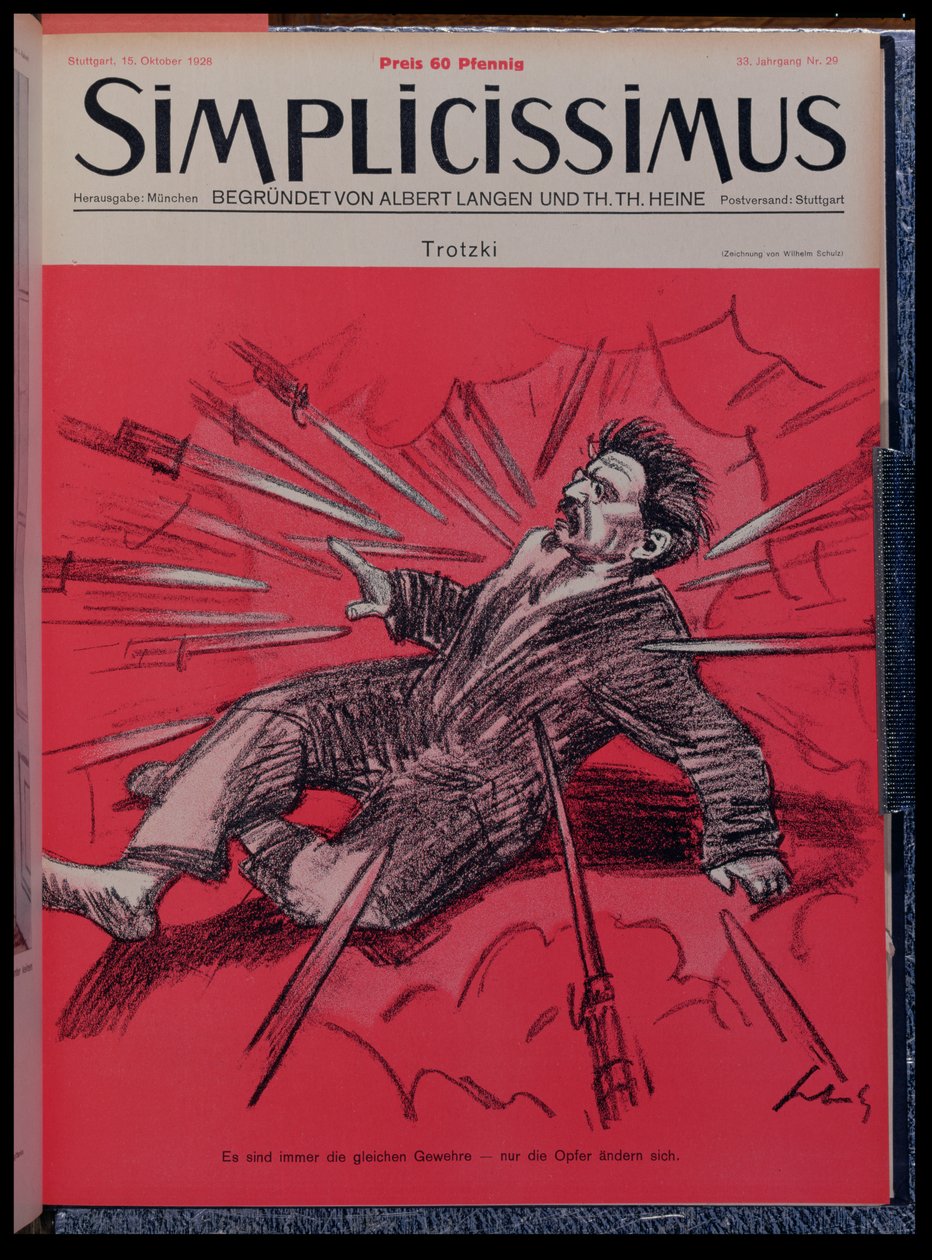 Leon Trockij (1879-1940) támadás alatt álló karikatúrája, a Simplicisissimus magazinból, 1928. október (színes litó) alkotó: Wilhelm Schulz