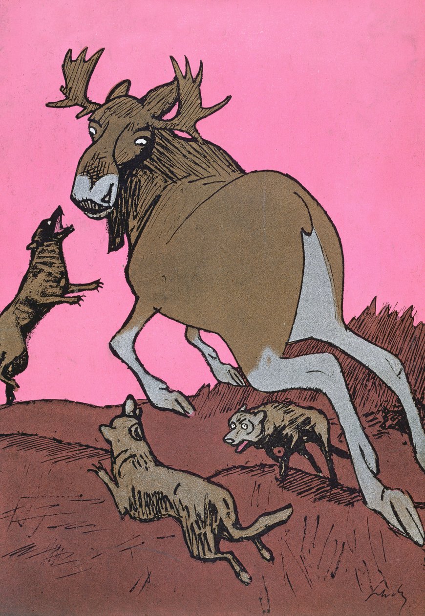„Finis Finnlandiae”, Finnország (elkként ábrázolva), amelyet Oroszország megtámad (farkasfalkaként ábrázolva), karikatúra a „Simplicissimus” magazinból alkotó: Wilhelm Schulz