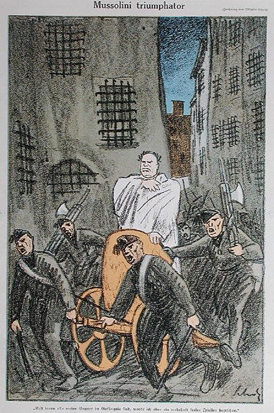 „Mussolini Triumphator”, karikatúra a „Simplicissimus” folyóiratból, Münchenben, 1925 novemberében jelent meg (színes litho) alkotó: Wilhelm Schulz