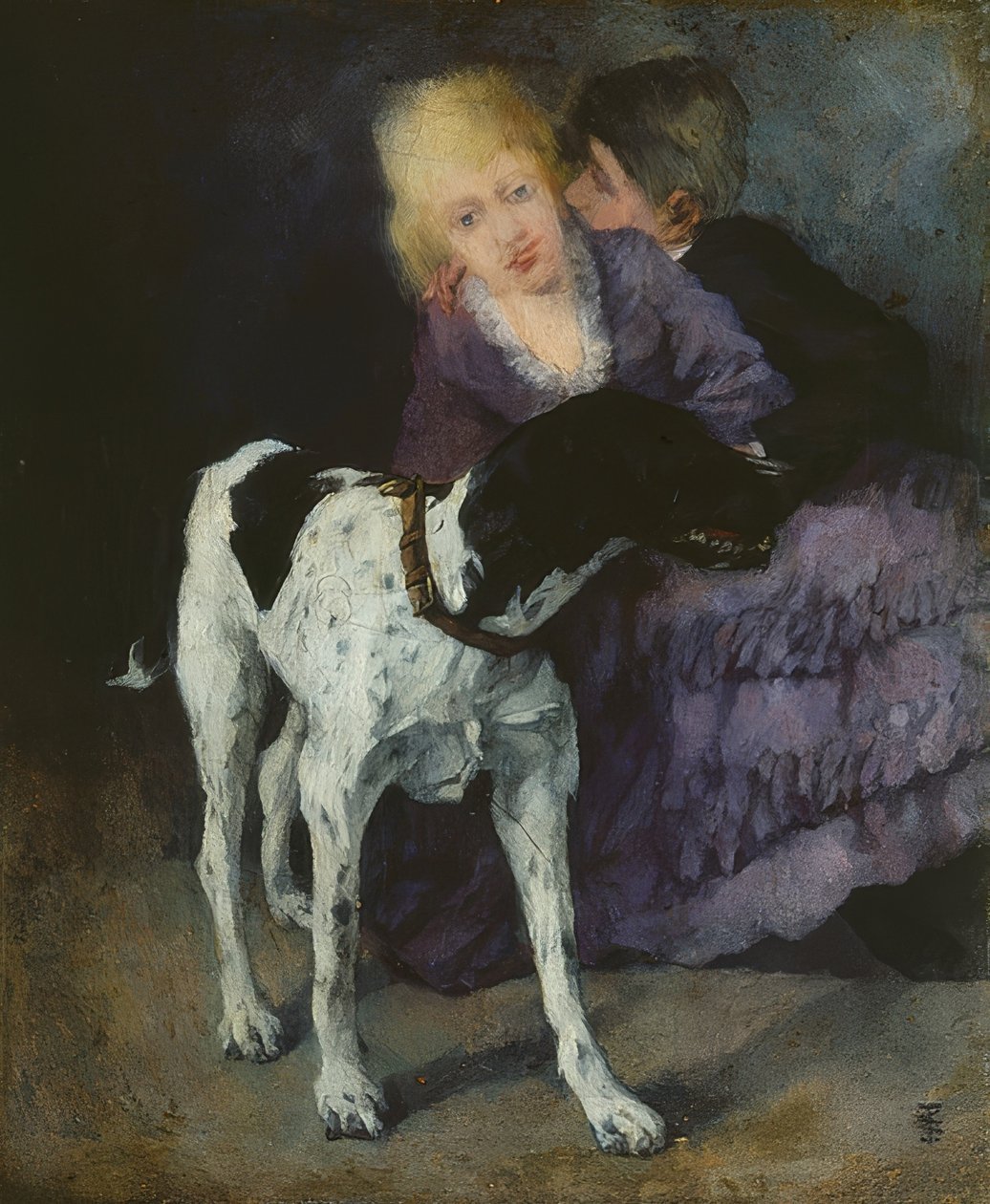 Szerető pár kutyával. 1873 alkotó: Wilhelm Trübner