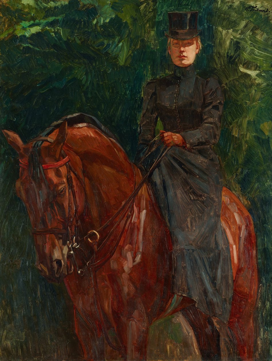 Lovasnő (Ida Görtz lóháton) alkotó: Wilhelm Trübner