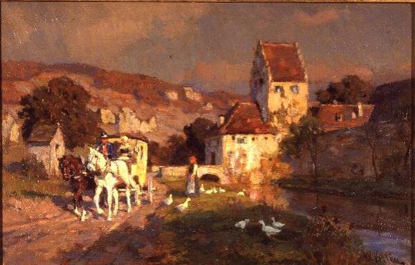 Ló és hintó a folyó mellett alkotó: Wilhelm Velten