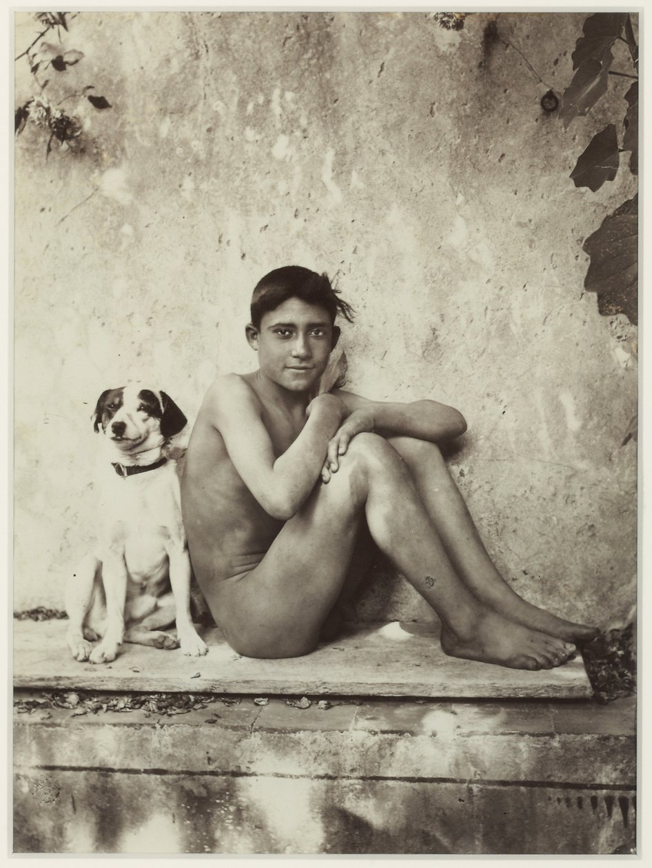 Fiú és kutyája, Taormina, Olaszország, 1900 körül (albumnyomat) alkotó: Baron Wilhelm von Gloeden