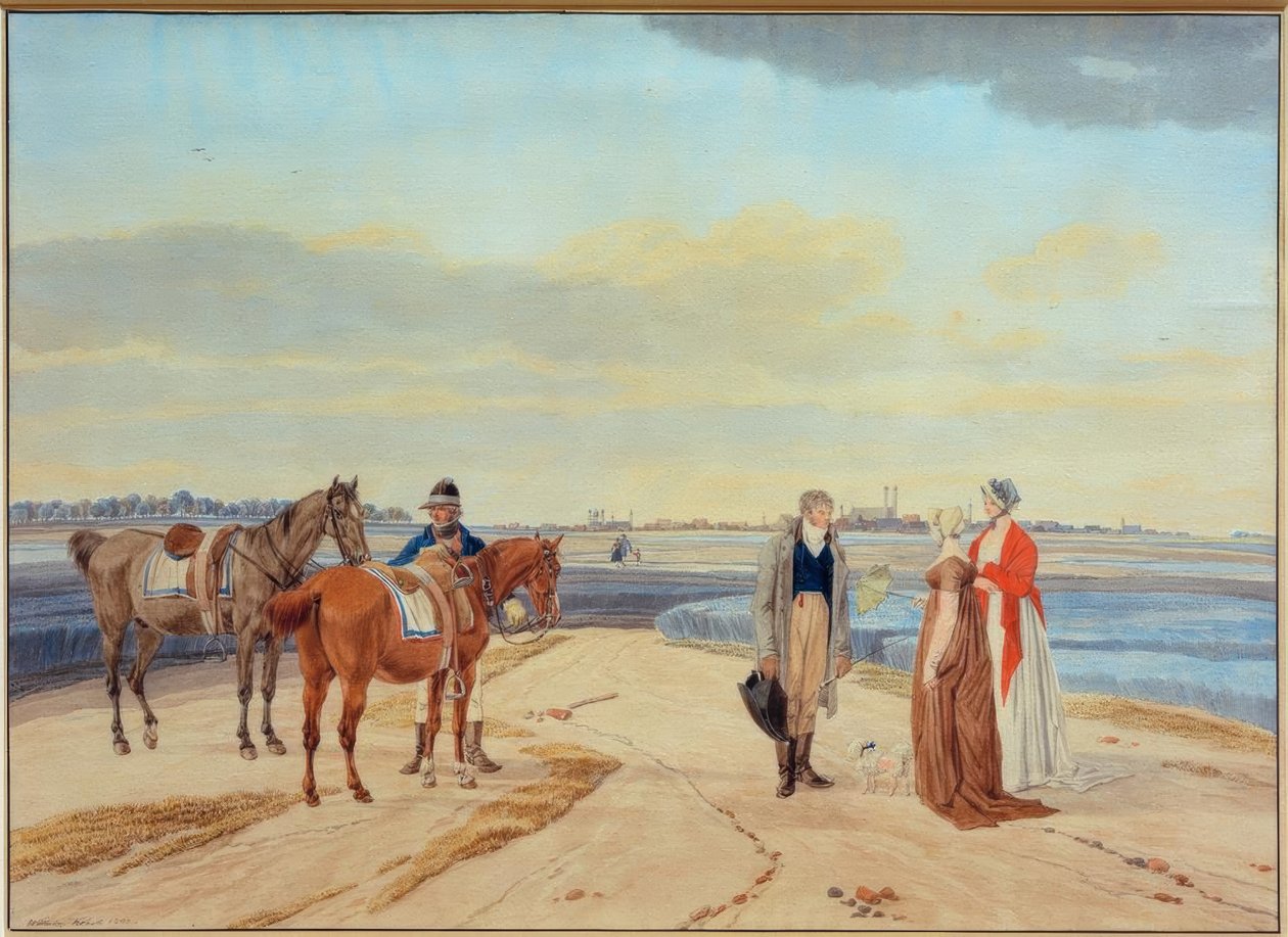 Elbocsátott lovas két nővel München előtt alkotó: Wilhelm von Kobell